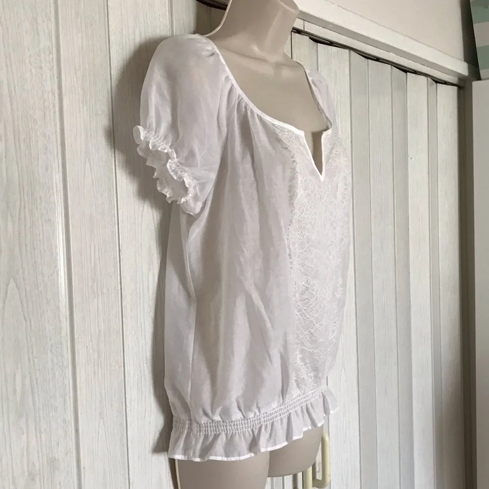 Candies White Blouse Semi Sheer Center Lace Short Elastic Puff Sleeves Top Med. - Picture 9 of 16